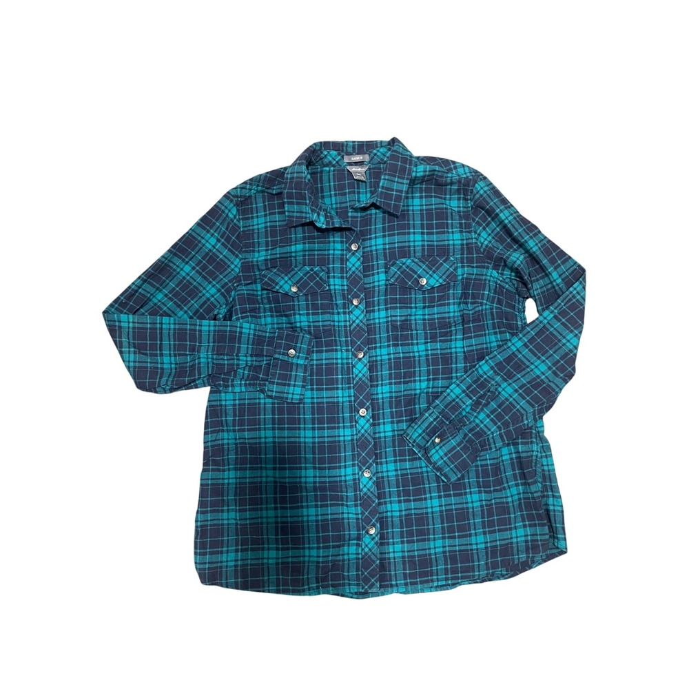 Eddie‎ Bauer Womens XL Classic Fit Teal Navy Blue Plaid Cotton Flannel Shirt